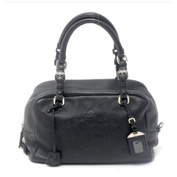 Prada Vitello Daino Logo Leather Bauletto Bag Nero Black Authenticity Card Mint - Picture 8 of 16